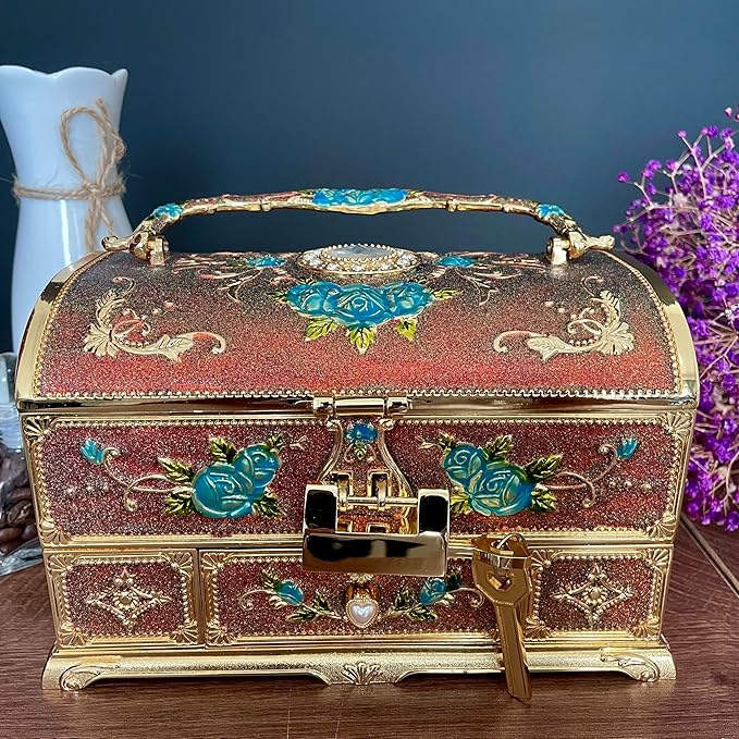 Retro Jewelry Box Arched Vintage Rectangular Metal Chest Necklace Ring Earrings Storage Case for Women Girls (Golden Starlight Red, XL Lock) - Image 2