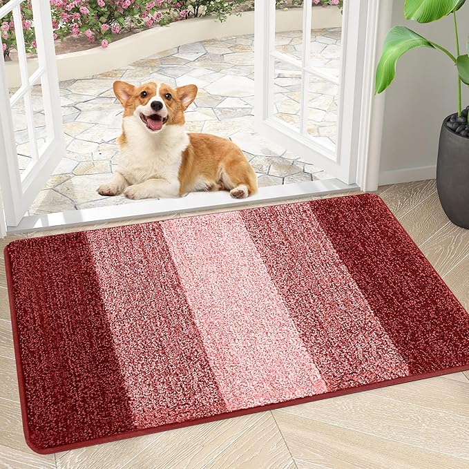 Smiry Dog Door Mat for Muddy Paws, Absorbs Moisture and Dirt, Low-Profile Entryway Mat with Non-Slip Backing, Entry Indoor Outdoor Doormat for Inside Floor (30x17 Inches, Burgundy, Striped) by Smiry