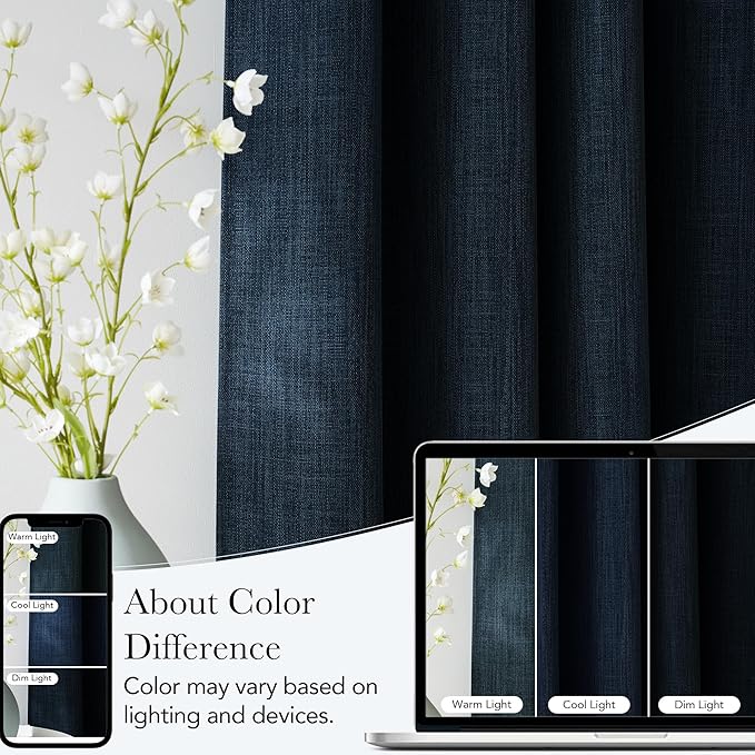 NICETOWN Short Faux Linen Navy Blue Blackout Curtains 63 inches Long for Kitchen - Privacy Panels for Living Room Bedroom, Modern Farmhouse Style Easy Care Grommet Top, 2 Panels, W42 by L63 - Image 5