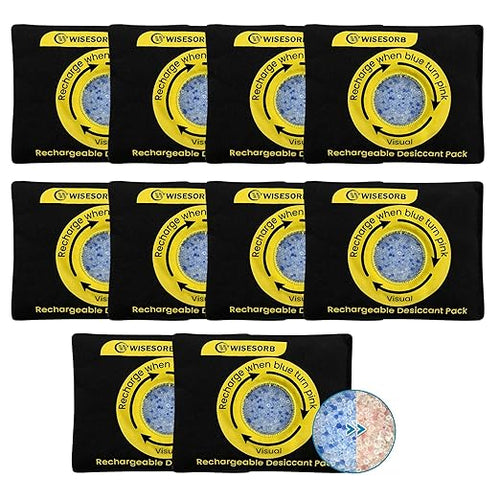 100g Reusable Silica Gel Desiccant Packs, Rechargeable Dehumidifier Moisture Absorbers with Color Indicator for Storage, Gun Safes, Suitcases, 3D Printing Filaments, Electronics, Cars[10Pack] by Wisesorb