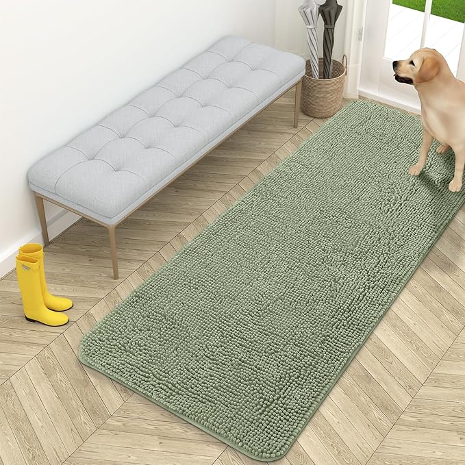 OLANLY Dog Door Mat for Muddy Paws 59x24, Absorbs Moisture and Dirt, Absorbent Non-Slip Washable Doormat, Quick Dry Chenille Mud Mat for Dogs, Entry Indoor Entryway Carpet for Inside Floor, Sage Green by OLANLY
