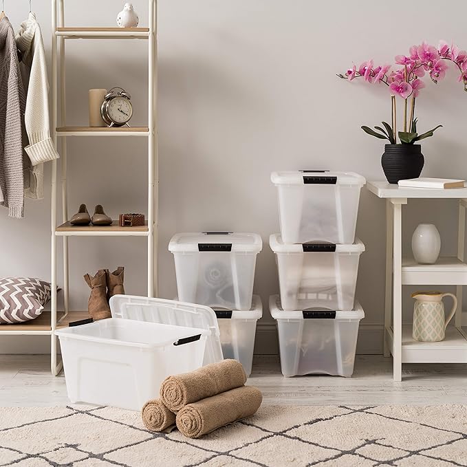 IRIS USA 32 Qt Stackable Plastic Storage Bins with Lids, 6 Pack - BPA-Free, Made in USA - Discreet Organizing Solution, Latches, Durable Nestable Containers, Secure Pull Handle - Pearl - Image 5