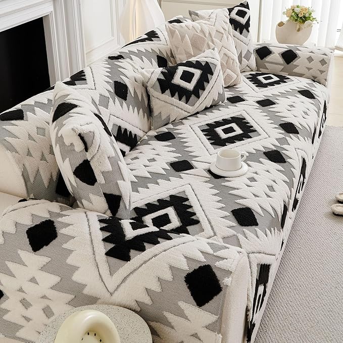 Boho Plush Couch Covers for Sofa Washable, Fuzzy Soft Couch Cover for Sectional Sofa, Non Slip Jacquard Sofa Cover Furniture Protector for Kids, Pets (Black,43"x70") - Image 5