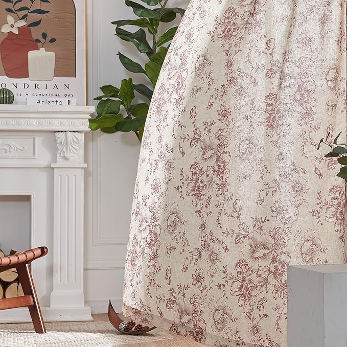 jinchan Linen Blend Curtain Floral Curtains for Living Room 90 Inch Length Farmhouse Brick Red Printed Curtain Rod Pocket Back Tab Peony Flower Patterned Drapes Curtains Set 2 Panels - Image 8