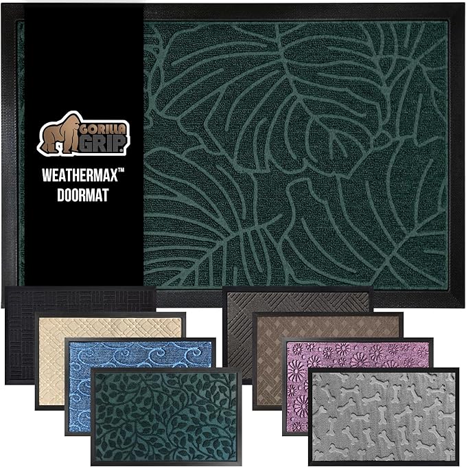 GORILLA GRIP 100% Waterproof All-Season WeatherMax Doormat, 34x58, US Designed Natural Rubber, Stain and Fade Resistant, Low Profile Indoor Outdoor Door Mats, Easy Clean Patio Mat, Green Palm by GorillaGrip