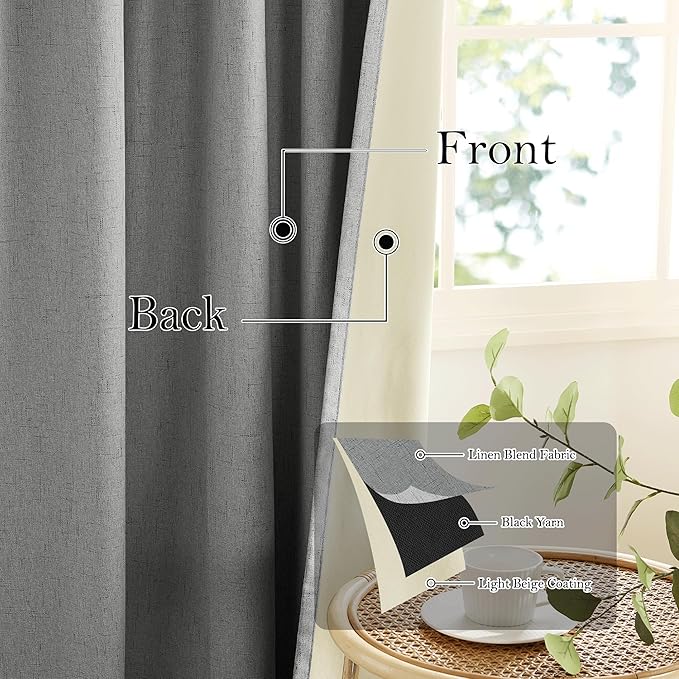 RYB HOME Grey Linen Blackout Curtains for Sliding Glass Door, 100% Blackout Linen Textured Thermal Privacy Modern Drape Panels for Dining Room Large Window, 52" W x 96" L, 2 Panels Set - Image 3