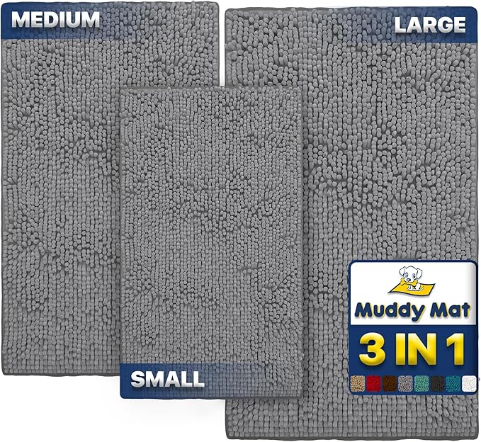 Muddy Mat® Pack of 3 Highly Absorbent Microfiber Dog Door Mat and Pet Rug, Non Slip Thick Washable Area Mat Soft Chenille for Kitchen Bathroom Bedroom and Outdoor - Grey Small, Medium & Large by MuddyMat%C2%AE