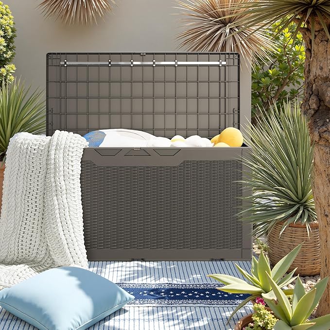 JUMMICO 100 Gallon Resin Deck Box with Cushion, Waterproof Outdoor Storage Box with Lockable Lid for Garden Tools, Patio Cushions (Light Brown) - Image 6