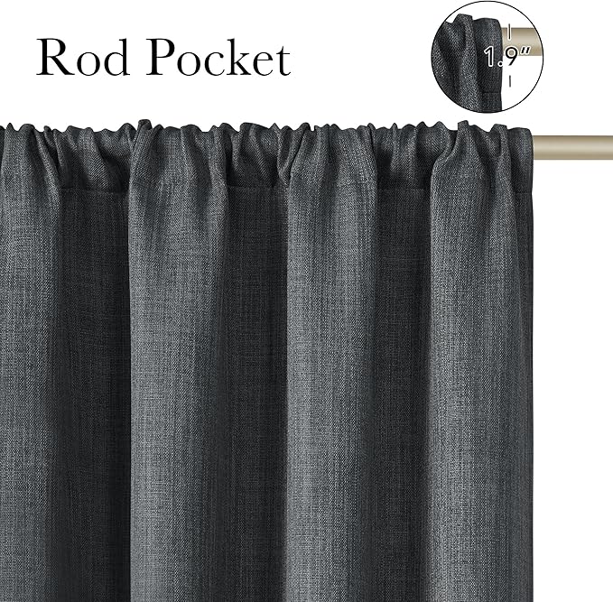 NICETOWN Charcoal Gray Faux Linen Room Darkening Rod Pocket Curtains 63 inch Length, W42 x L63, Light Blocking Thermal Insulated Noise Reducing Drapes for Bedroom Living Room Farmhouse Decor, 2 Panels - Image 2