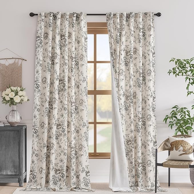 jinchan Blackout Linen Blend Curtain Floral Blackout Curtains for Living Room 120 Inch Length Black Printed with Lined Blackout Curtain for Bedroom Farmhouse Curtains Set 2 Panels by JINCHAN
