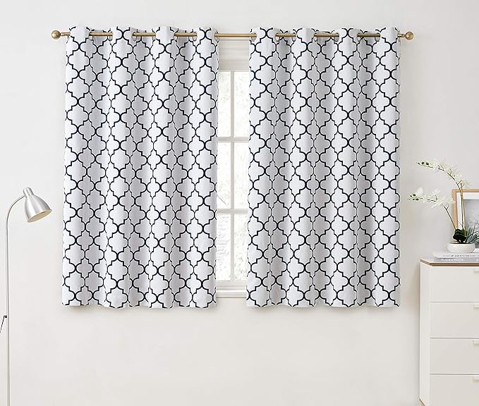 HLC.ME Lattice Print Decorative Curtains Blackout 54 Length - Thermal Insulated Room Darkening Grommet Window Drapes Panels for Basement Windows - Platinum White & Navy Blue - Set of 2-52 x 54 Inch by HomeLinenCollections