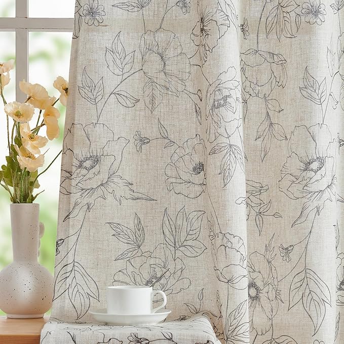 jinchan Linen Floral Curtains for Living Room 84 Inch Length Grey Flower Curtain Rod Pocket Back Tab Farmhouse Curtains with Printed Floral Bedroom Window Curtain Set, 2 Panels Gray by JINCHAN