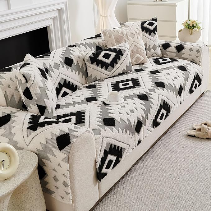 Boho Plush Couch Covers for Sofa Washable, Fuzzy Soft Couch Cover for Sectional Sofa, Non Slip Jacquard Sofa Cover Furniture Protector for Kids, Pets (Black,36"x47") - Image 4