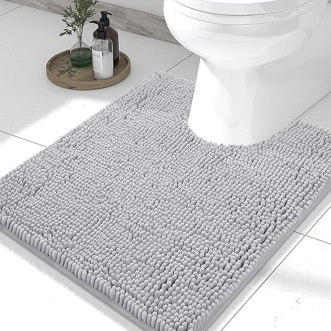 Smiry Luxury Chenille Toilet Rugs U-Shaped 24x20, Soft Absorbent Non-Slip Contour Bathroom Rugs for Toilet, Machine Washable Contoured Bath Mats, Light Grey by Smiry
