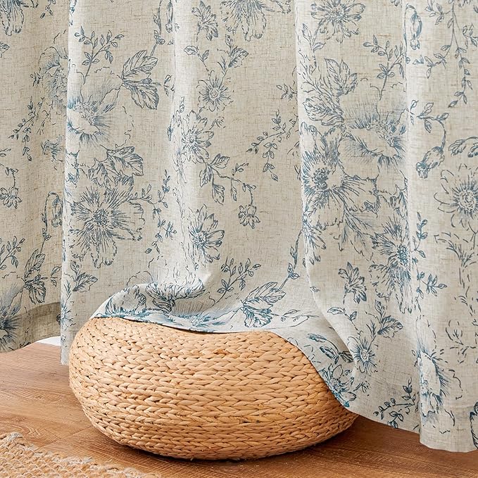 jinchan Lined Linen Blend Curtain Floral Curtains for Living Room 63 Inch Length Blue Peony Flower Printed Curtain Rod Pocket Back Tab Farmhouse Patterned Drapes Bedroom Window Curtains Set 2 Panels - Image 9