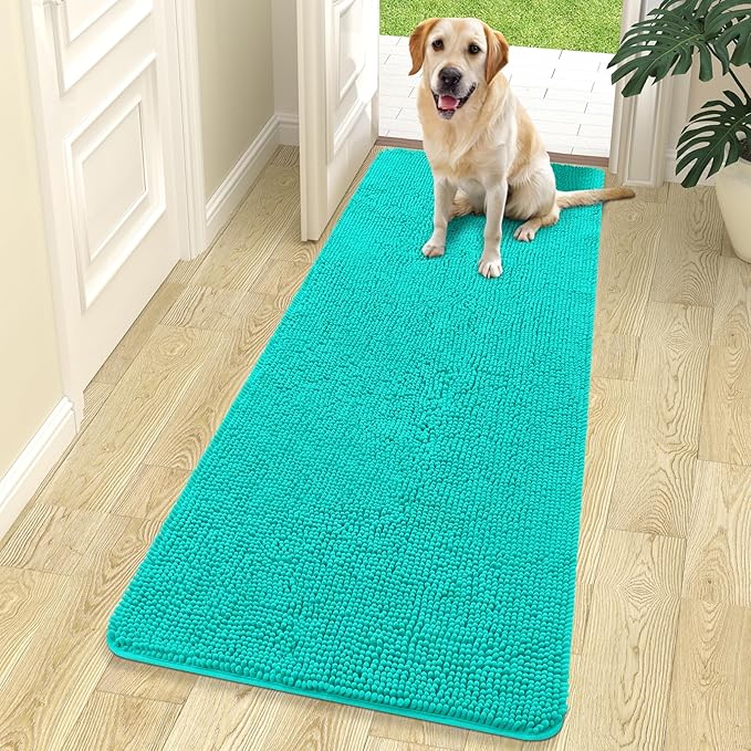 OLANLY Dog Door Mat for Muddy Paws 70x24, Absorbs Moisture and Dirt, Absorbent Non-Slip Washable Doormat, Quick Dry Chenille Mud Mat for Dogs, Entry Indoor Entryway Carpet for Inside Floor, Teal by OLANLY