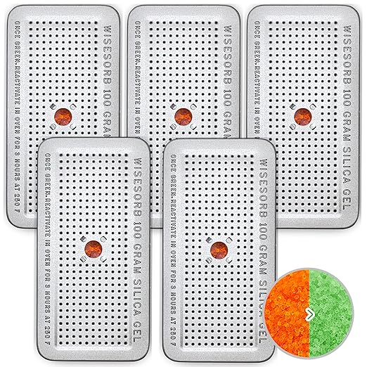 100 Gram 5 Pack Indicating Silica Gel Canister, Gun Safe Dehumidifier (Orange to Green), Reusable Desiccant Canister Dehumidifier by Wisesorb