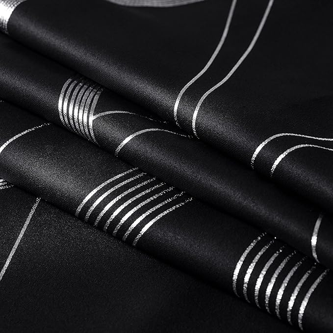 NICETOWN Black Blackout Curtain Panels for Kitchen, 66 x 54 inch, Noise Reducing Thermal Insulated Wave Line Foil Print Design Drapes for Home Decor, 2 Panels - Image 3