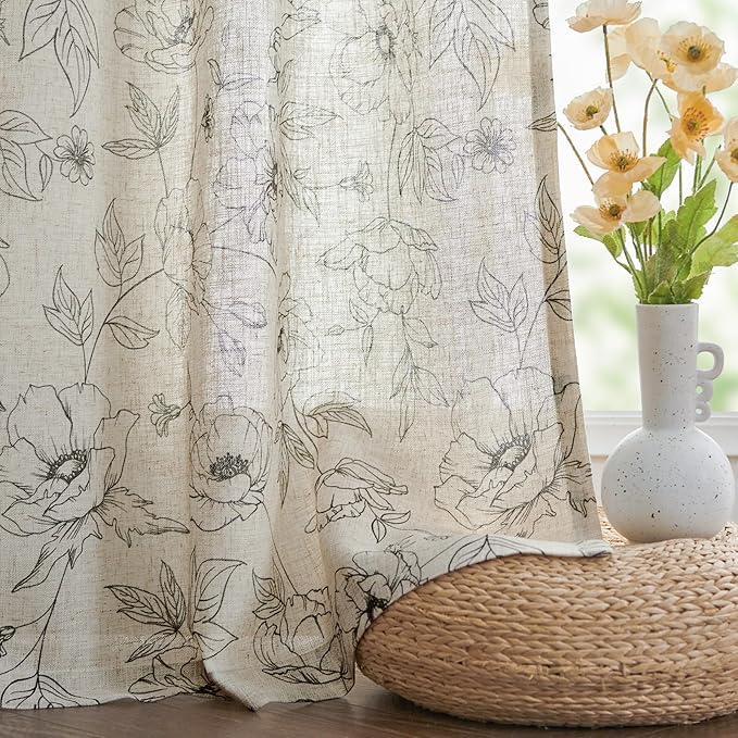 jinchan Floral Linen Curtains for Living Room 63 Inch Length Grey Flower Curtain Rod Pocket Back Tab Farmhouse Curtains with Printed Floral Bedroom Window Curtain Set, 2 Panels Gray - Image 7