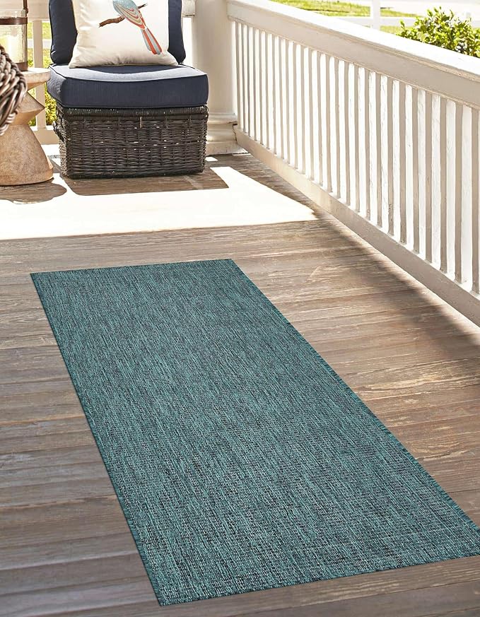Unique Loom Outdoor Solid Collection Area Rug (2' 7" x 12' Runner Teal/Navy Blue) - Image 4
