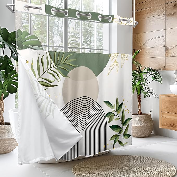 Sage Green Boho No Hooks Shower Curtain with Snap in Liner 72Wx72H Modern Mid Century Abstract Gold Leaves Minimalist Geometric Bathroom Decor Neutral Aesthetic Bath Curtain Fabric Polyester - Image 2