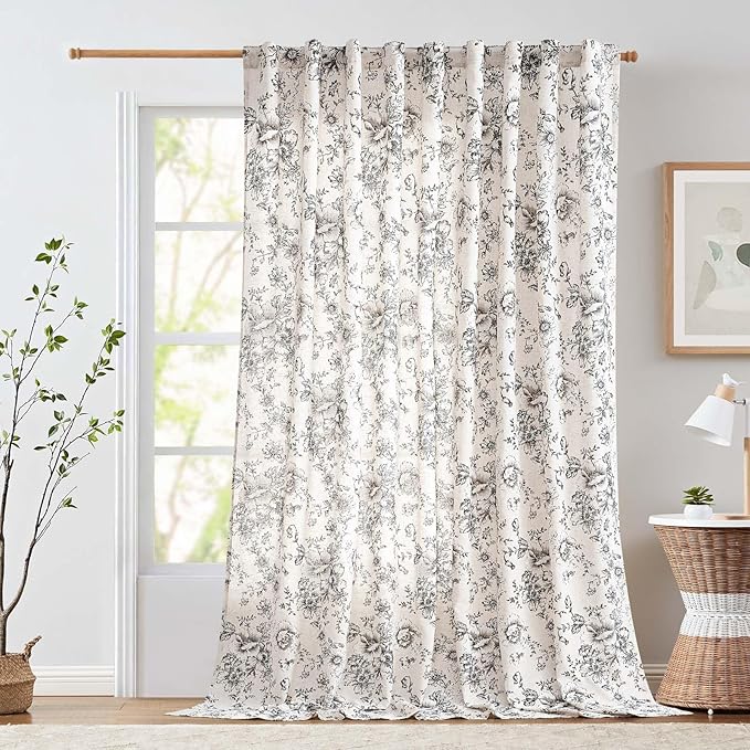jinchan Linen Floral Curtains Extra Wide for Patio Sliding Glass Door Room Divider Curtain for Living Room 108 Inch Length Farmhouse Peony Black Printed Curtain Set 1 Panel by JINCHAN