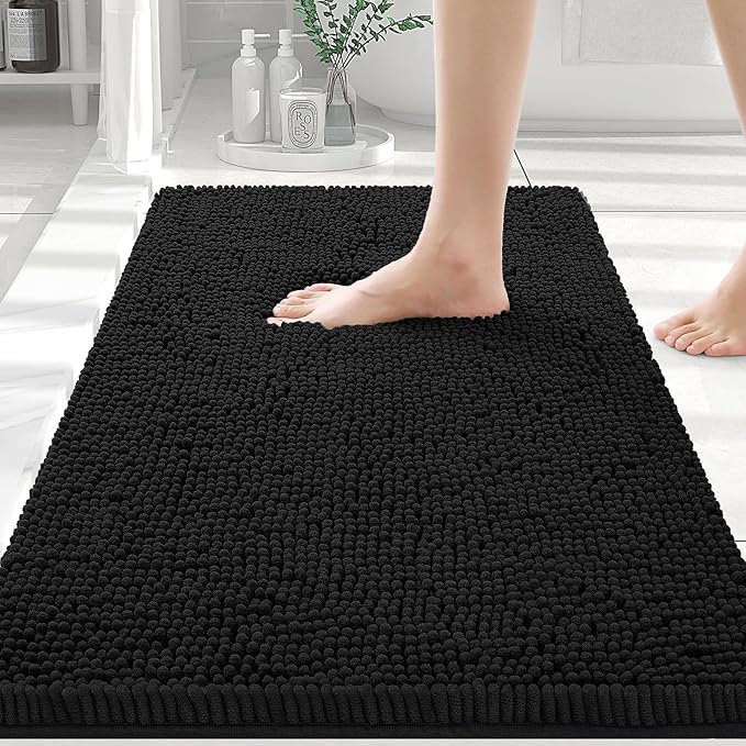 Smiry Luxury Chenille Bathroom Rugs 36x24, Extra Soft and Absorbent Shaggy Bath Mat, Machine Washable, Non-Slip Plush Carpet Runner for Tub, Shower, and Floor, Home Decor Accessories, Black by Smiry