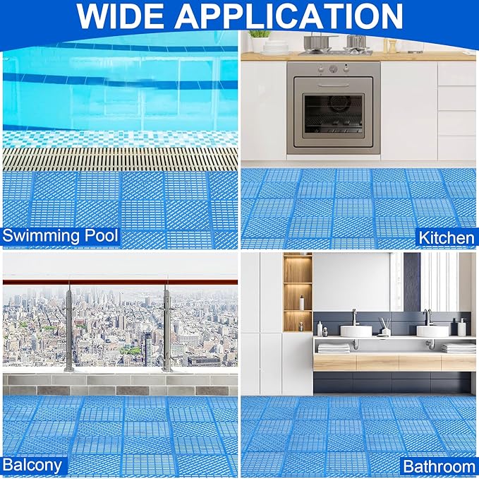 MYFAMIREA Modular Interlocking Cushion 12 Pack 11.8" x 11.8" Rubber Floor Tiles Non-Slip Splicing Drainage Mats for Deck, Pool, Shower, Patio, Balcony, Bathroom, Kitchen, Yard (Diagonal, Blue) - Image 7