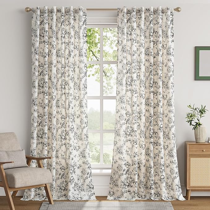jinchan Linen Floral Curtains for Living Room 96 Inch Length Black Printed Flower Light Filtering French Country Curtain Farmhouse Cottage Core Toile Curtains Back Tab Window Drapes Set 2 Panels - Image 2