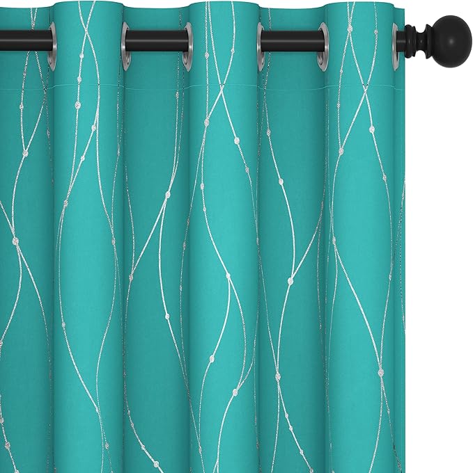 Deconovo Blackout Curtains, Thermal Insulated Soundproof Grommet Drapes, Wave Dots Silver Print, 52 x 63 Inch, Set of 2, Machine Washable Panels for Kitchen Bedroom Living Room Nursery, Turquoise by Deconovo
