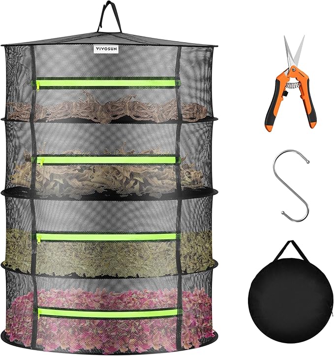 VIVOSUN 4-Layer Mesh Drying Rack Hanging Design with Green Zippers for Dehydrating, Indoor and Outdoor Pruning Shears Included by VIVOSUN