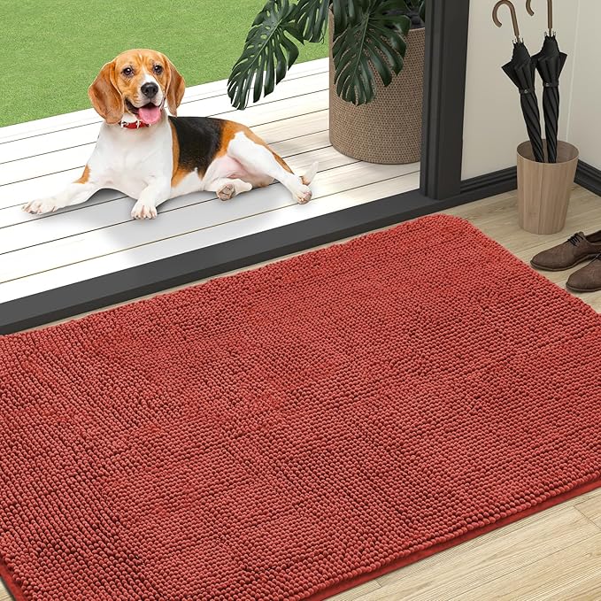 OLANLY Dog Door Mat for Muddy Paws 47x32, Absorbs Moisture and Dirt, Absorbent Non-Slip Washable Doormat, Quick Dry Chenille Mud Mat for Dogs, Entry Indoor Entryway Carpet for Inside Floor, Maple Red by OLANLY