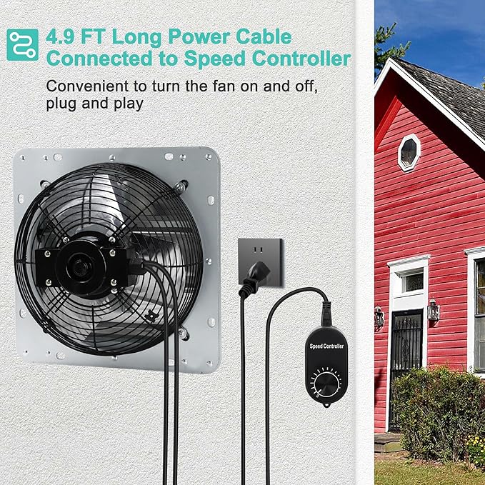 7 Inch Shutter Exhaust Fan with Speed Controller and Power Cord, Wall Mount Attic Fan for Greenhouses, Sheds, Garages, Chicken Coops, Barns Ventilation, 760 CFM - Image 6
