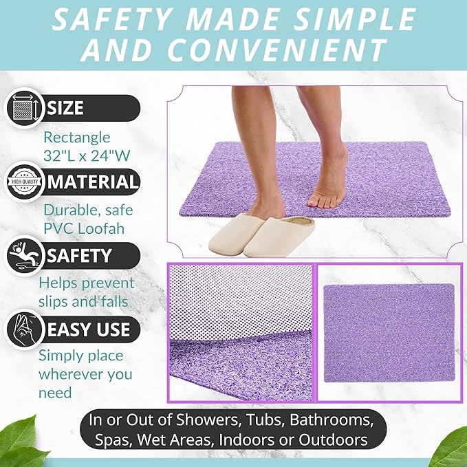 Enkosi Loofah Non-Slip Shower Mat - Shower Floors, Bathtub, Bathrooms, Wet Areas - Cushioned Bath Mat with Drain Holes - Quick Dry PVC, Secure Safety Pad Without Suction Cups (32x24 Purple) - Image 3