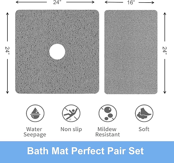 Square Shower Mat Set 2 Piece, Super Non Slip Shower Mats for Inside Shower, Soft PVC Loofah Bath Mat Without Suction Cups for Tub, Quick-Dry, Easy Clean Bathroom Accessories, (24"x16"+24"x24",Grey) - Image 2