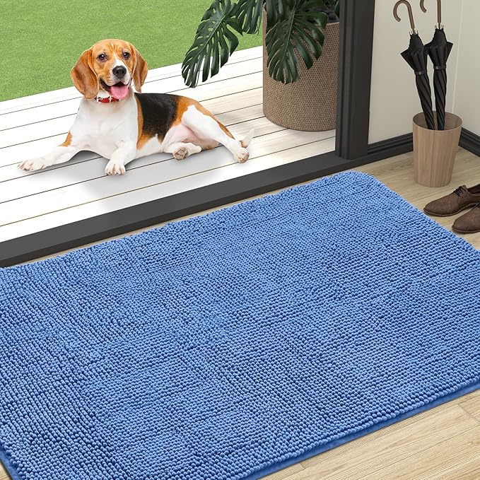 OLANLY Dog Door Mat for Muddy Paws 47x32, Absorbs Moisture and Dirt, Absorbent Non-Slip Washable Doormat, Quick Dry Chenille Mud Mat, Entry Indoor Entryway Carpet for Inside Floor, Cornflower Blue by OLANLY