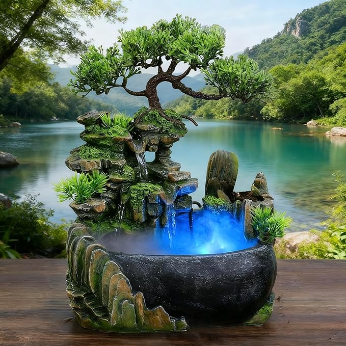 Tabletop Rockery Fountain Indoor Waterfall Bonsai Desktop Mini Rockery Water Fountain with Automatic Pump and LED Light, Home Office Bedroom Humidifier Desk Decorate (Style 1) - Image 9
