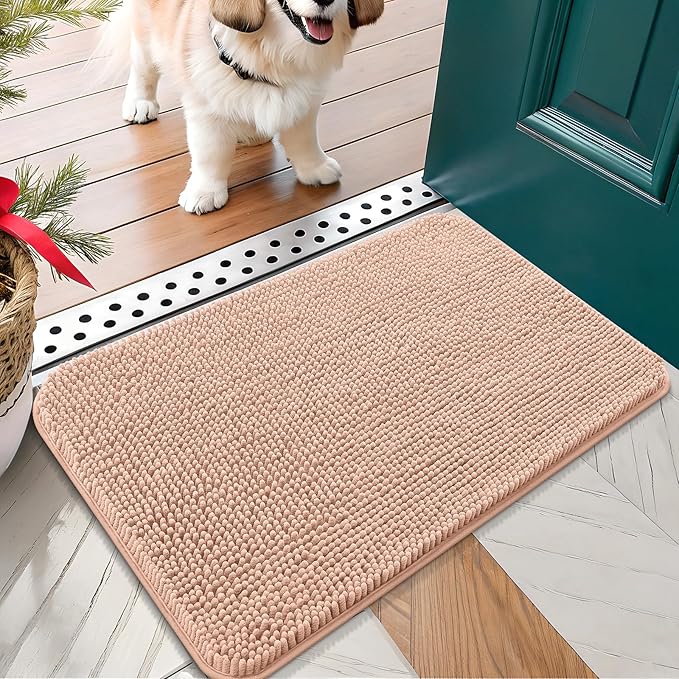 OLANLY Dog Door Mat for Muddy Paws 24x16, Absorbs Moisture and Dirt, Absorbent Non-Slip Washable Doormat, Quick Dry Chenille Mud Mat for Dogs, Entry Indoor Entryway Carpet for Inside Floor, Peach by OLANLY