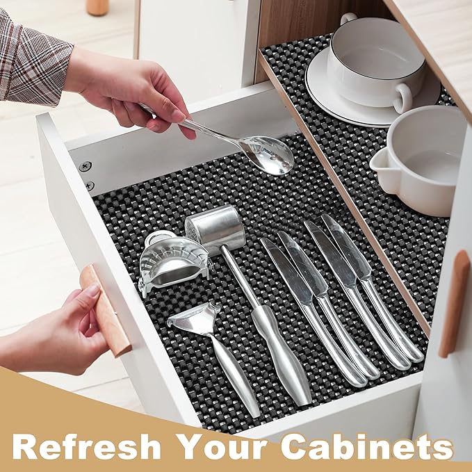 Shelf Liner for Kitchen Cabinet, Durable with Strong Grip, Non Adhesive Liners Protect Kitchen Cabinets and Cupboard, Pantry, Bathroom Drawers and Shelves, Desks-12" x 120" (Black) - Image 6