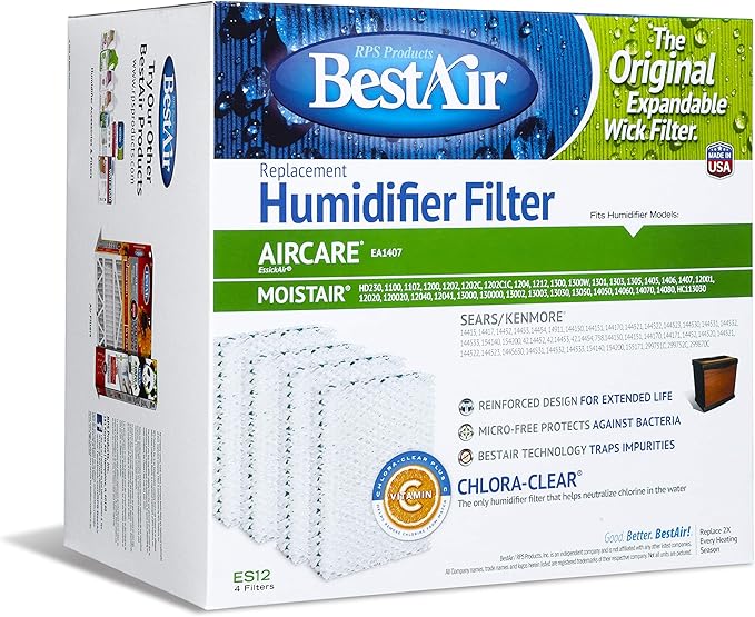 BestAir ES12-2 Extended Life Humidifier Replacement Paper Wick Humidifier Filter, For Emerson, Quiet Comfort & Kenmore Models, 10" x 9.4" x 6.5", Single Pack (4 Filters) by FreudenbergFiltrationTechnologies