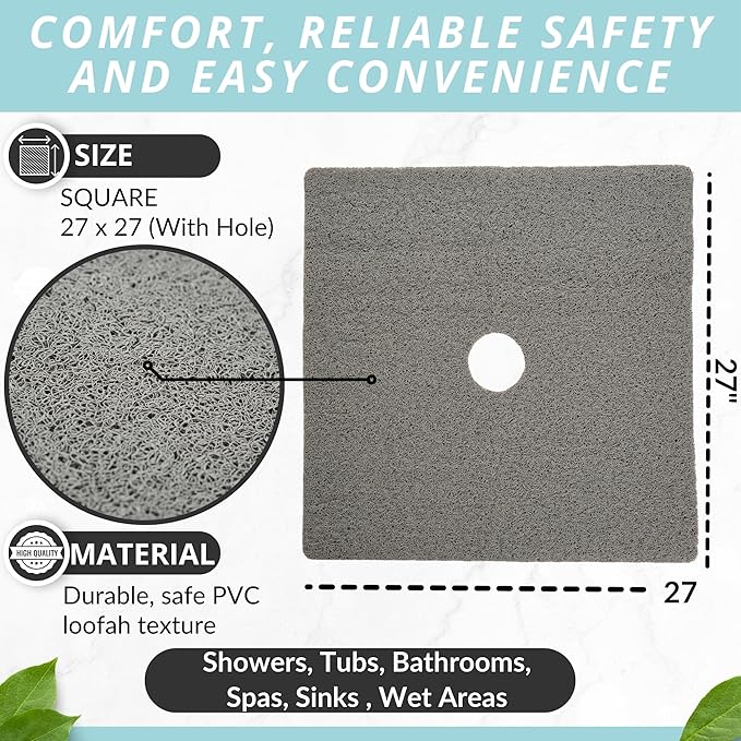 Enkosi Loofah Shower Mat with Drain Hole – Cushioned Anti-Slip Square Bath Mat for Showers, and Bathroom Floors – Textured PVC, Non Slip Safety Pad for Walk-in Stalls and Wet Areas (27x27 Grey) - Image 3