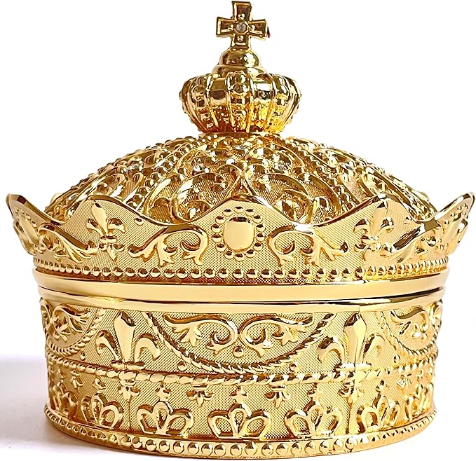 Crown Shape Jewelry Chest,Yurt Style Vintage Metal Gem Box,Round Alloy Retro Patterned Storage Case (Golden, S) by Unknown