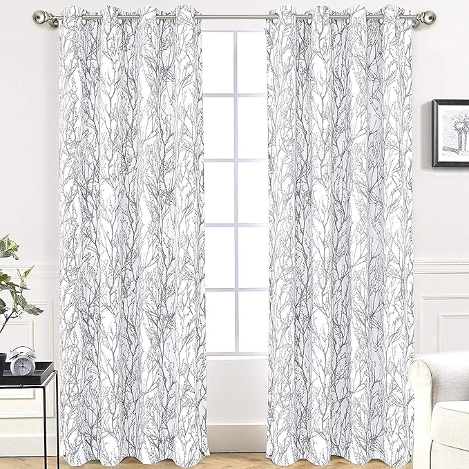 DriftAway Tree Branch Blackout Curtains Double Layer 84 Inches Long for Bedroom Printed Patterned Classic Thermal Insulated Summer Sound Lined Grommet Drapes for Living Room 2 Panels Gray/White by DriftAway