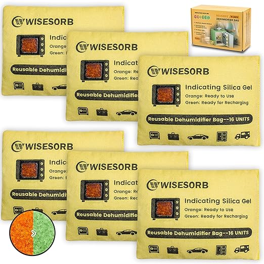 6 Pack 500G Reusable Silica Gel Desiccant Dehumidifier Bags, Color Indicating Moisture Absorbers for Car, Closet, Basement & Garage, Microwave Rechargeable Reusable Drying Bags by Wisesorb