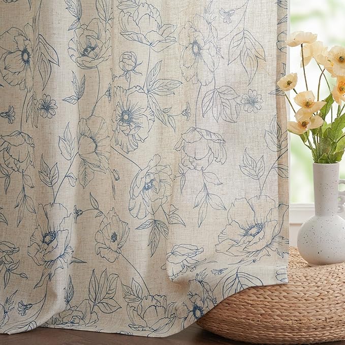 jinchan Floral Linen Curtains for Living Room 84 Inch Length Blue Flower Curtain Rod Pocket Back Tab Farmhouse Curtains with Printed Floral Bedroom Window Curtain Set, 2 Panels Blue - Image 7