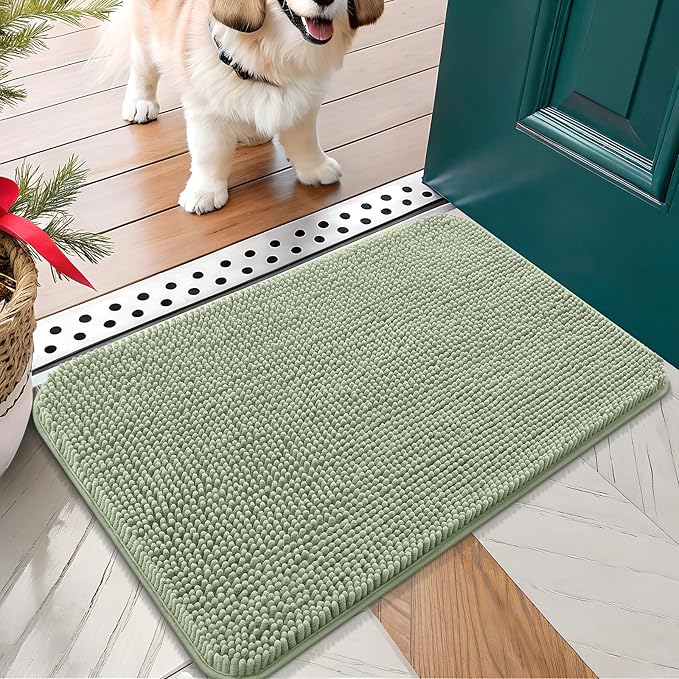 OLANLY Dog Door Mat for Muddy Paws 24x16, Absorbs Moisture and Dirt, Absorbent Non-Slip Washable Doormat, Quick Dry Chenille Mud Mat for Dogs, Entry Indoor Entryway Carpet for Inside Floor, Sage Green by OLANLY