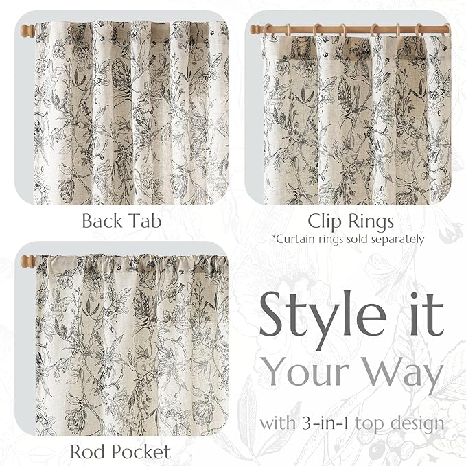 jinchan Floral Curtains 108 Inch Length Black Flower Linen Farmhouse Curtain for Living Room French Country Vintage Curtain Rod Pocket Curtains Set 2 Panels Balck Floral Printed - Image 3