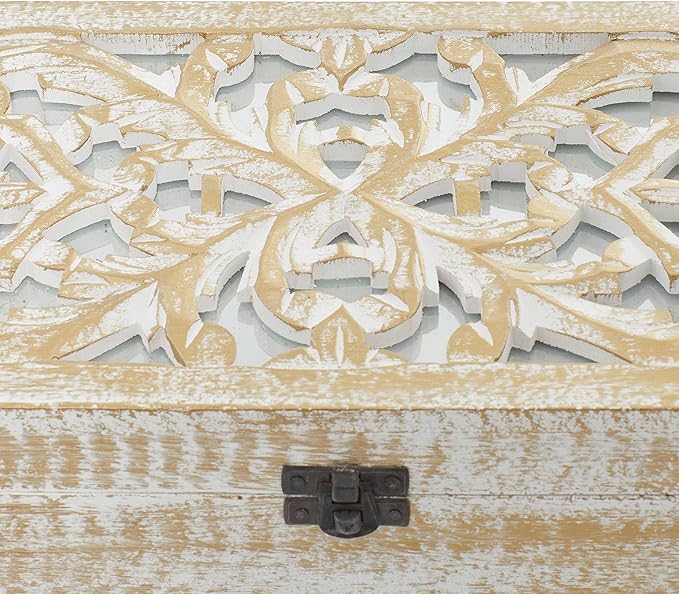 Deco 79 Mango Wood Floral Handmade Decorative Box Decorative Keepsake Boxes with Hinged Lid, Set of 3 Storage Boxes 8", 10", 12"W, White - Image 8