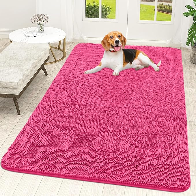 OLANLY Dog Door Mat for Muddy Paws 59x35, Absorbs Moisture and Dirt, Absorbent Non-Slip Washable Doormat, Quick Dry Chenille Mud Mat for Dogs, Entry Indoor Entryway Carpet for Inside Floor, Hot Pink by OLANLY