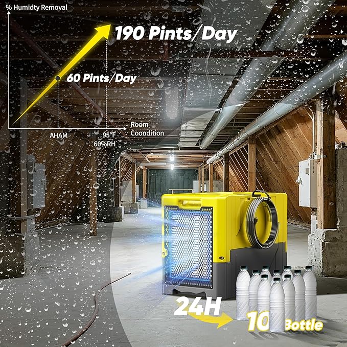 190Pints High Efficiency Commercial Dehumidifier for Basements-6000 Sq.Ft. Industrial Grade Dehumidifiers with Pump & Drain Hose for Crawl Spaces Water Damage Restoration-Light Yellow-1PC - Image 8